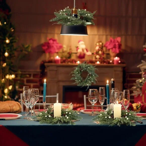 4-Piece Mini Wreath Candle Holders with Pine Cones - Perfect for Christmas Decor
